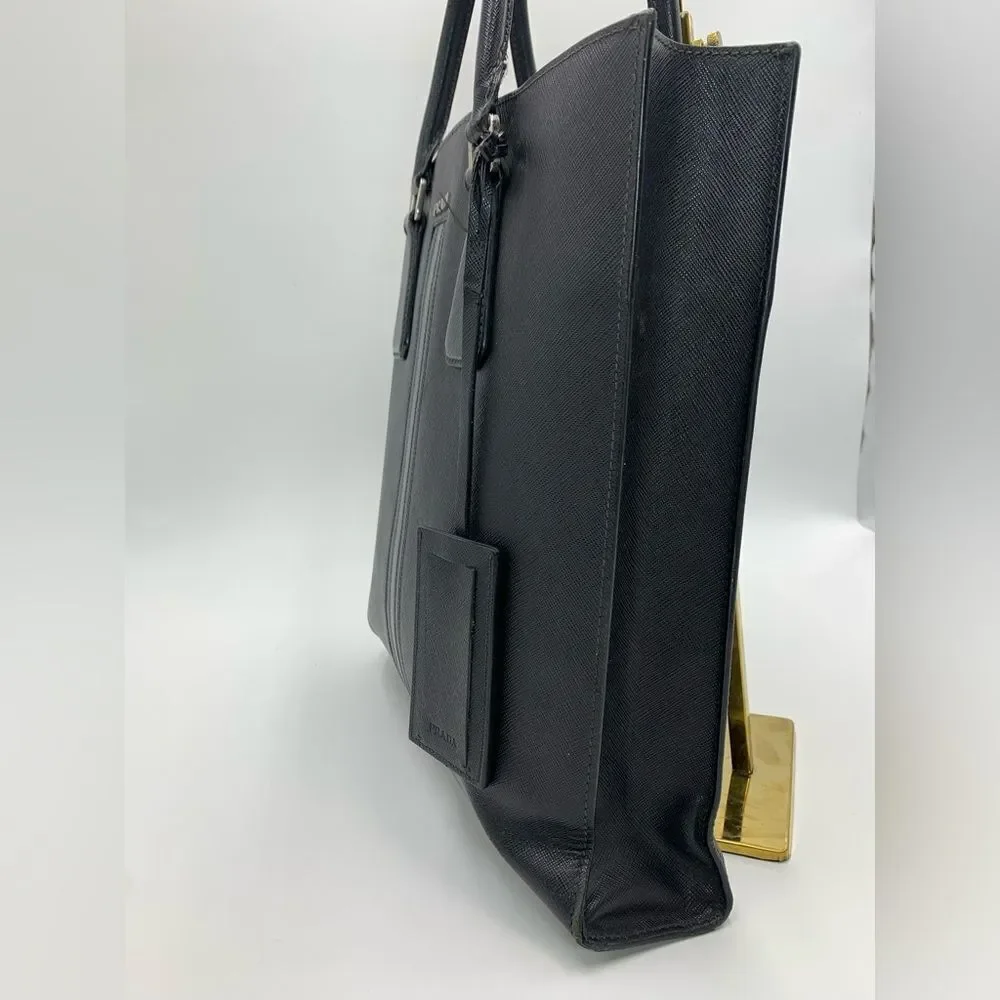 Auth Prada Black Saffiano Leather Web Blue Gray Stripe Travel Tote Preloved